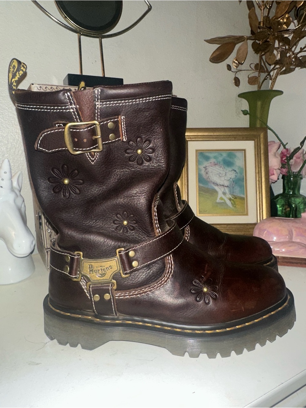 Dr Martens ANISTONE HI FLOWER Grizzly Leather Biker Boots SOLD OUT